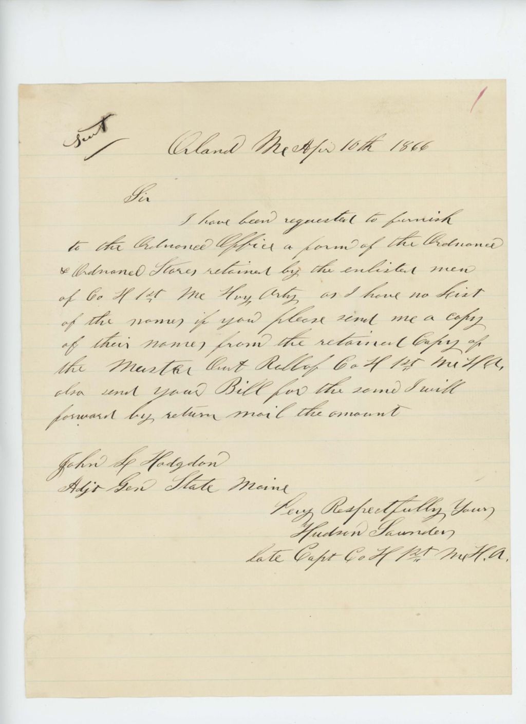 Miniature of Captain Hudson Saunders writes regarding ordnance stores retained by enlisted men