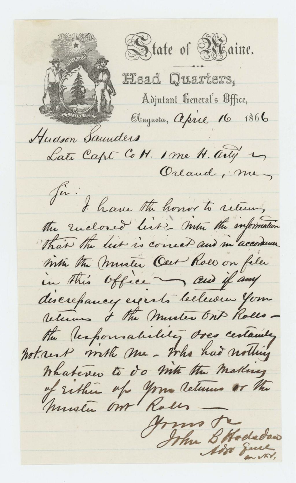 Miniature of Adjutant General Hodsdon returns list to Captain Hudson Saunders