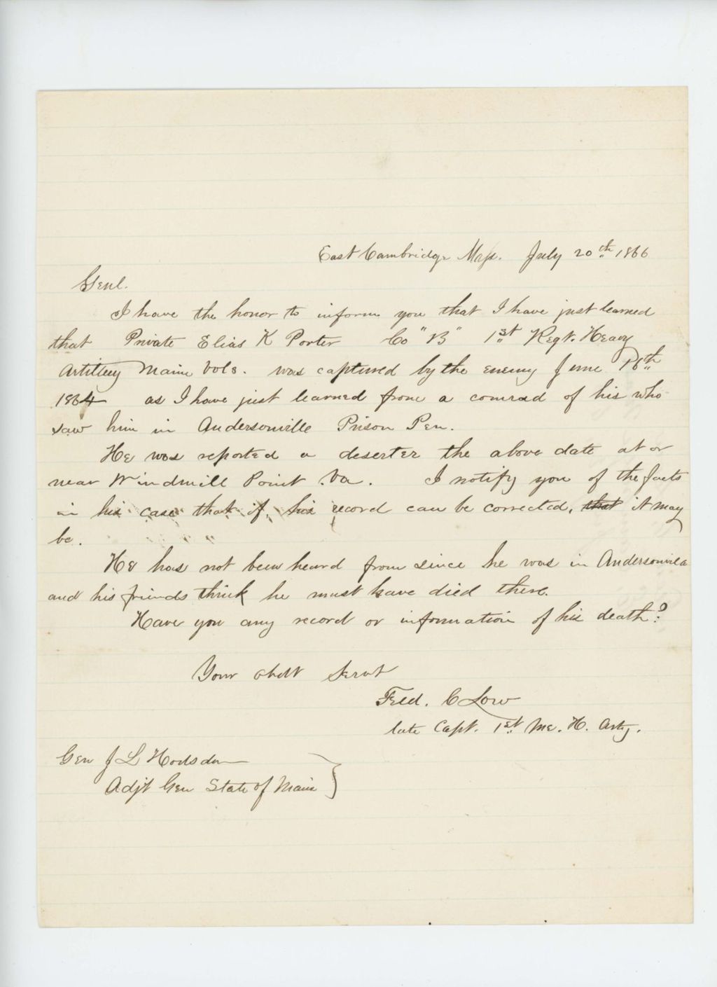 Miniature of Captain Frederick C. Low inquires about fate of Private Elias K. Porter, prisoner in Andersonville