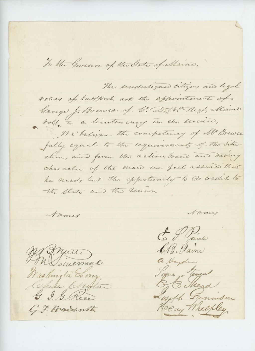 Miniature of Undated - Washington Long and citizens of Eastport recommend George J. Brewer for appointment as lieutenant