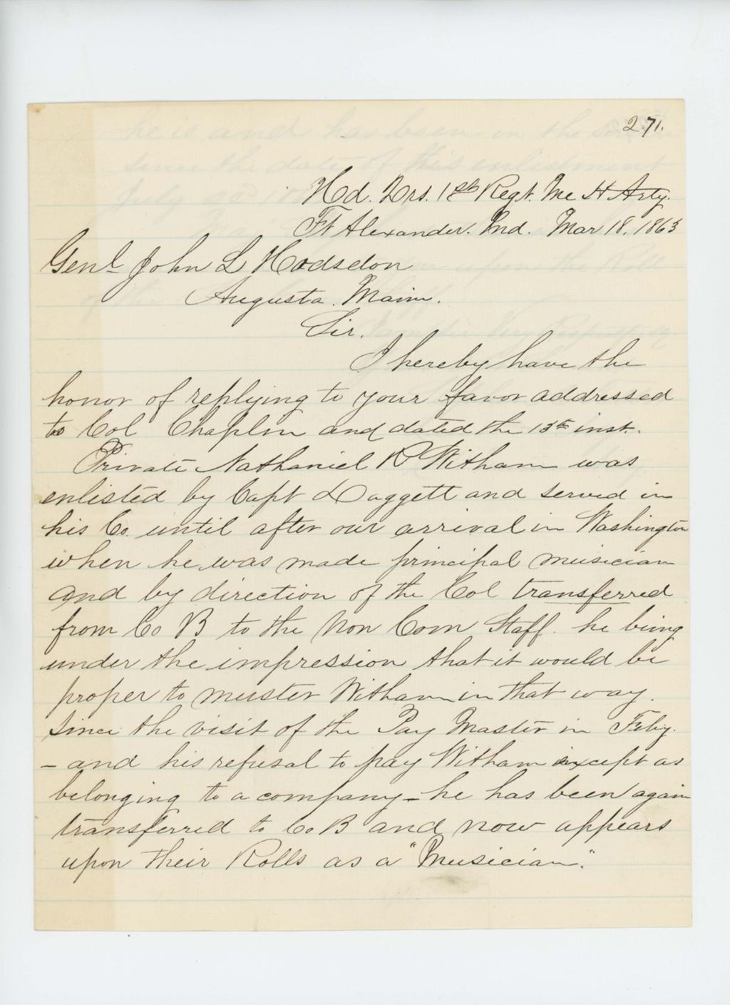 Miniature of Lieutenant and Adjutant Stephen C. Talbot writes regarding the enlistment of musician Nathaniel R. Witham