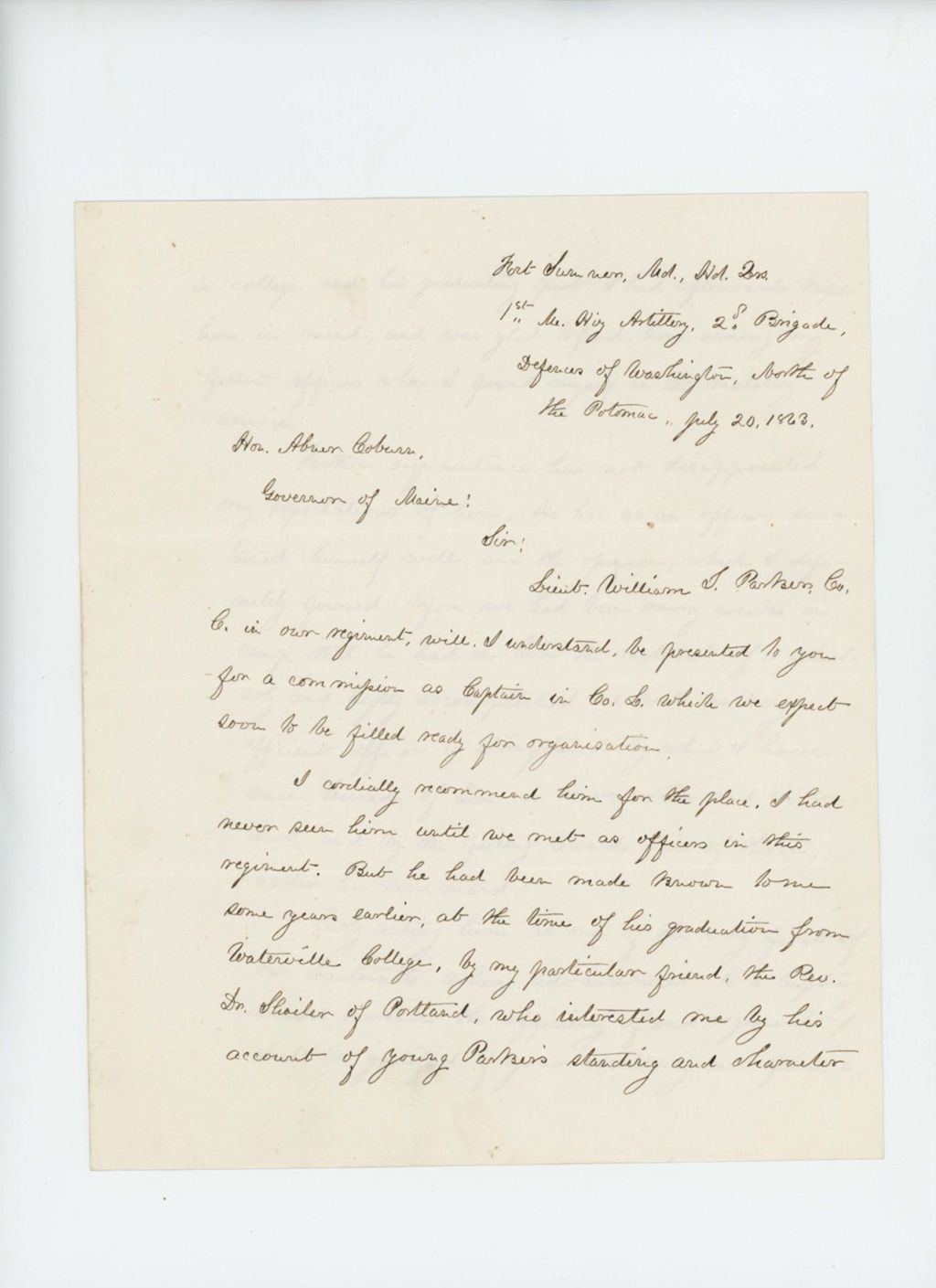 Miniature of Lieutenant Colonel Thomas H. Talbot recommends Lieutenant William Parker for promotion