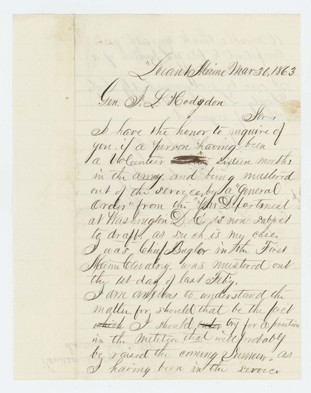 Miniature of Hudson Sawyer inquires about position as commissioned officer