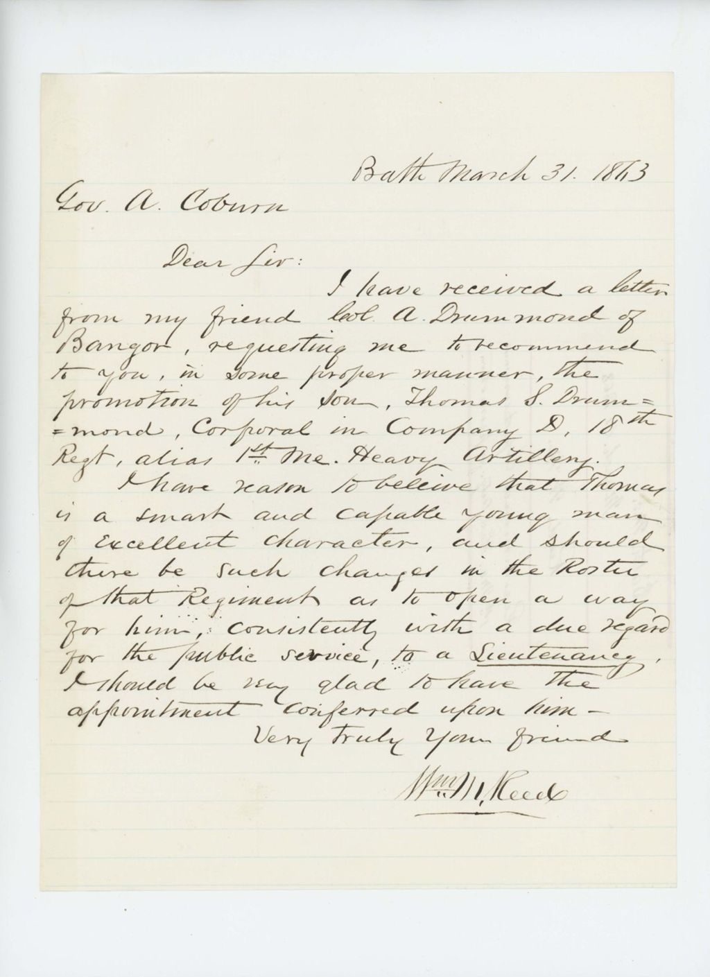 Miniature of William Reed recommends Colonel A. Drummond's son Thomas for promotion