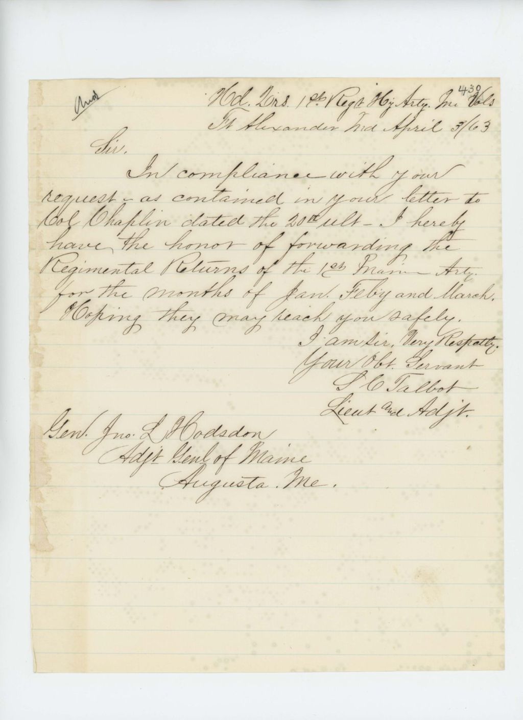 Miniature of Lieutenant and Adjutant Stephen Talbot sends the regimental returns for January-March 1863