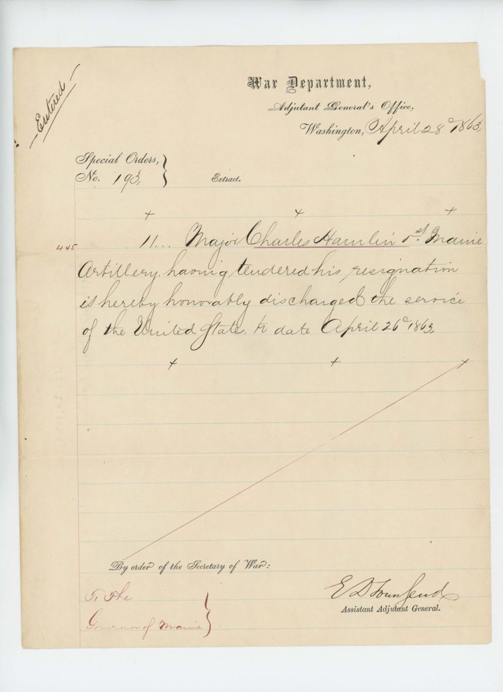 Miniature of Special Order 193 honorably discharging Major Charles Hamlin from service