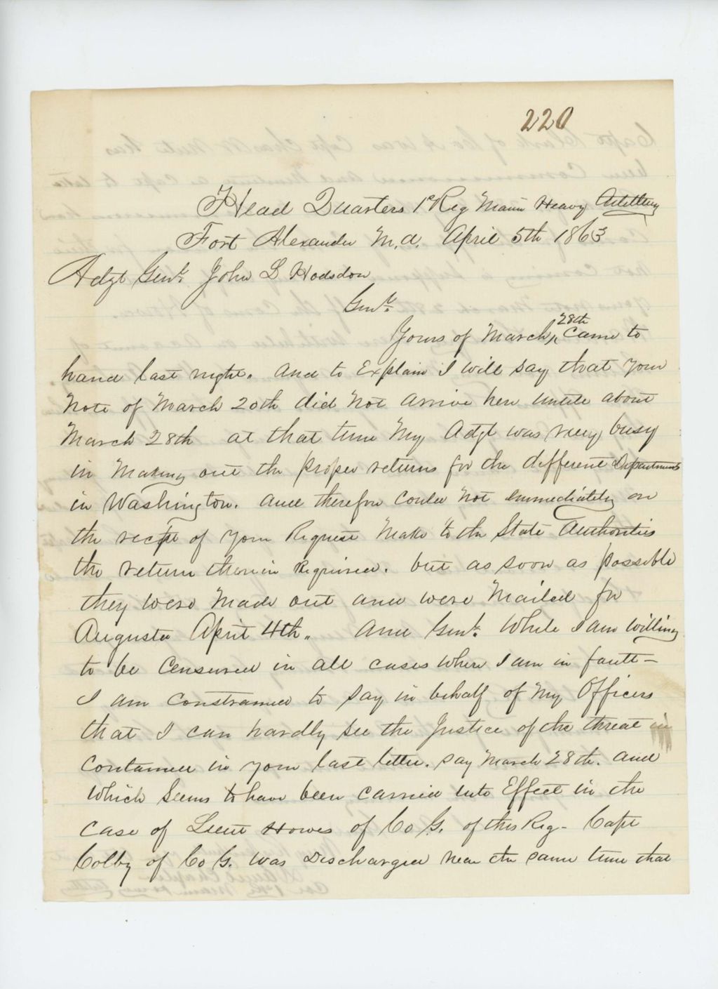Miniature of Colonel Daniel Chaplin writes Adjutant General Hodsdon regarding delays in commissions of Howes, Wardwell, and Godfrey