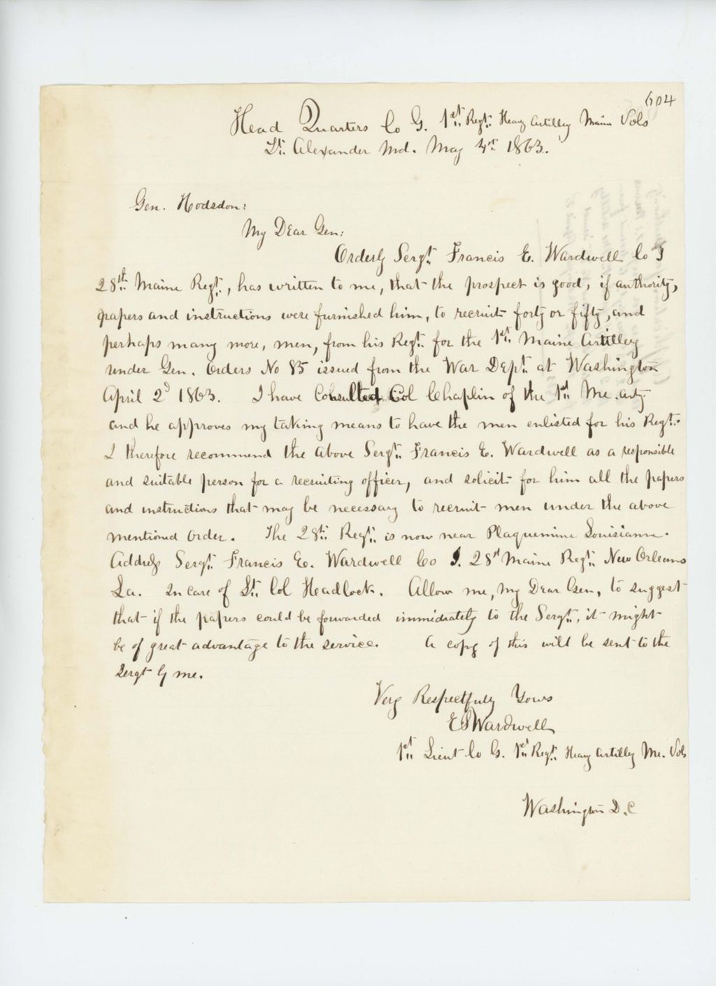 Miniature of Lieutenant E.S. Wardwell requests papers and authority for Orderly Sergeant Francis E. Wardwell to recruit men from the 28th Maine Regiment for the 1st Maine Heavy Artillery