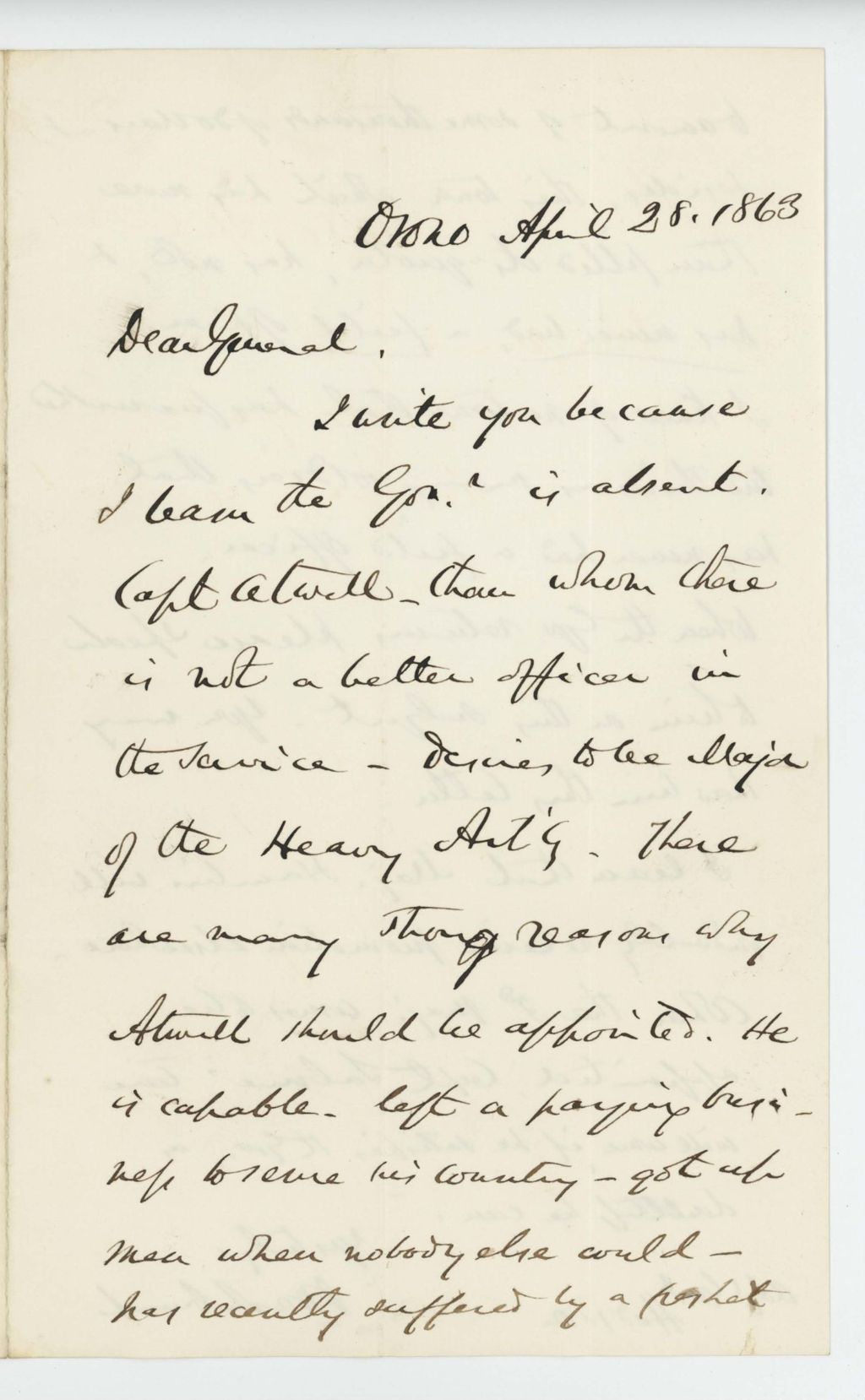Miniature of Israel Washburn recommends Captain Atwell for promotion