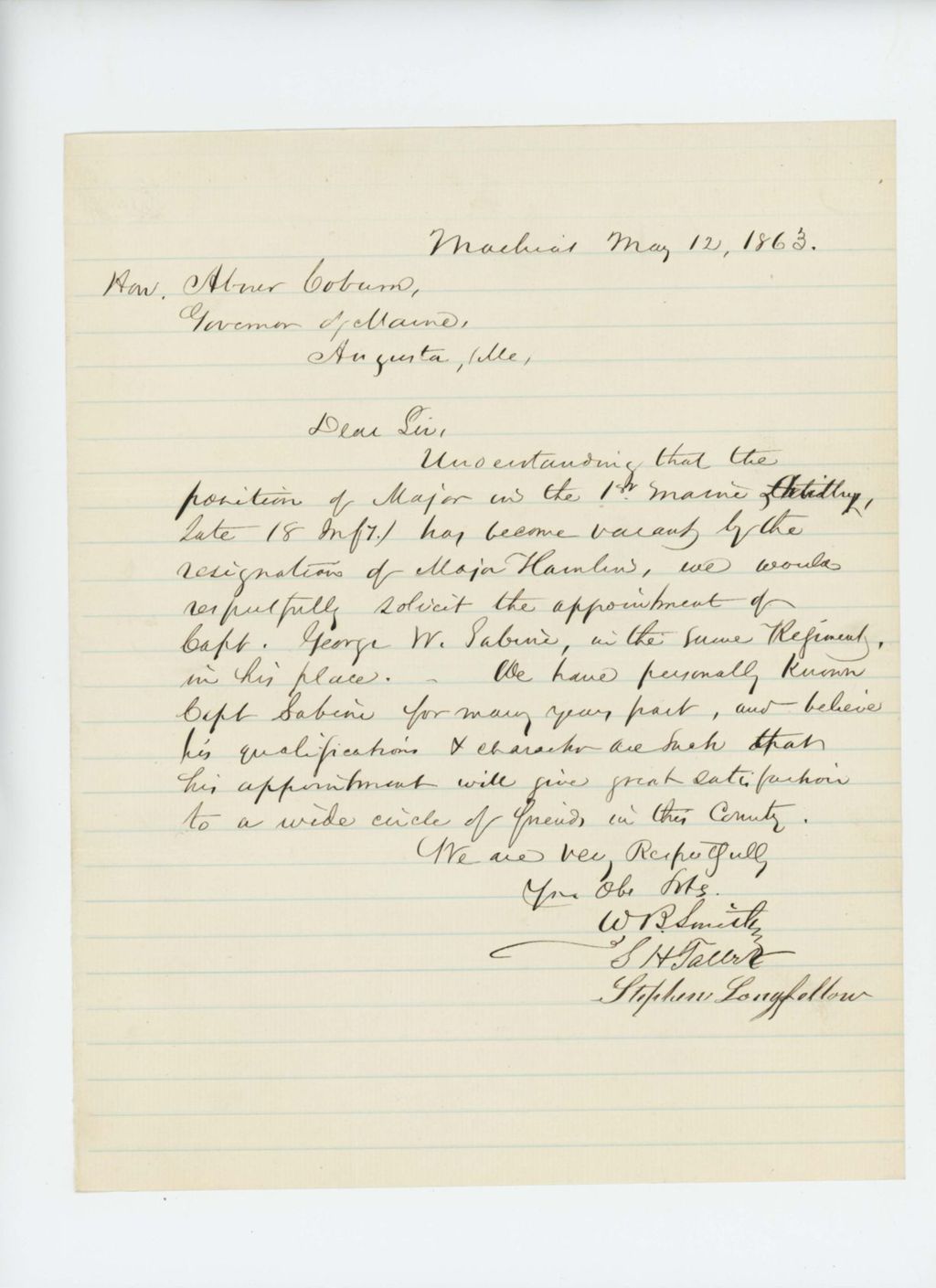 Miniature of Stephen Longfellow and others recommend promotion of Captain George W. Sabine