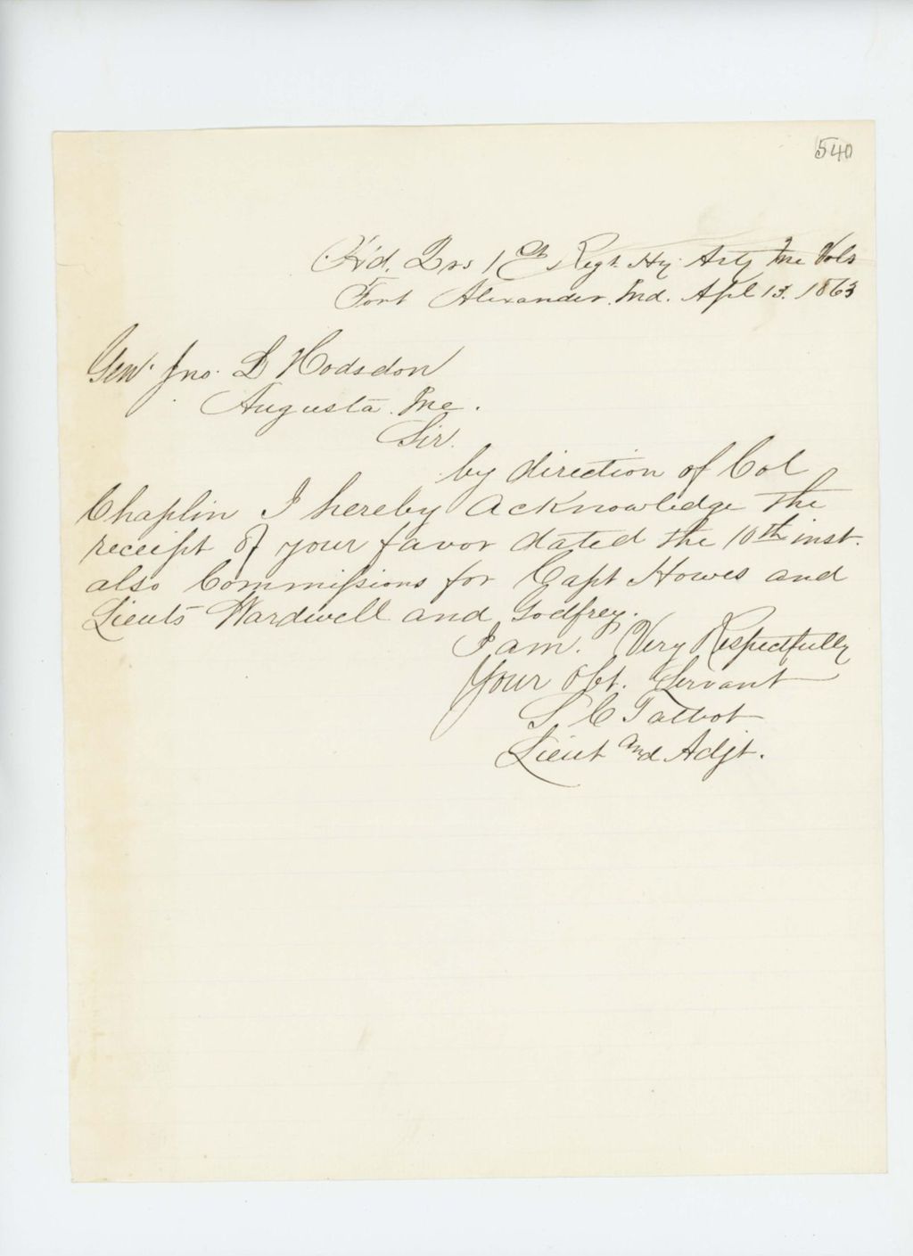 Miniature of Adjutant Stephen Talbot acknowledges receipt of commissions for Howes, Wardwell, and Godfrey