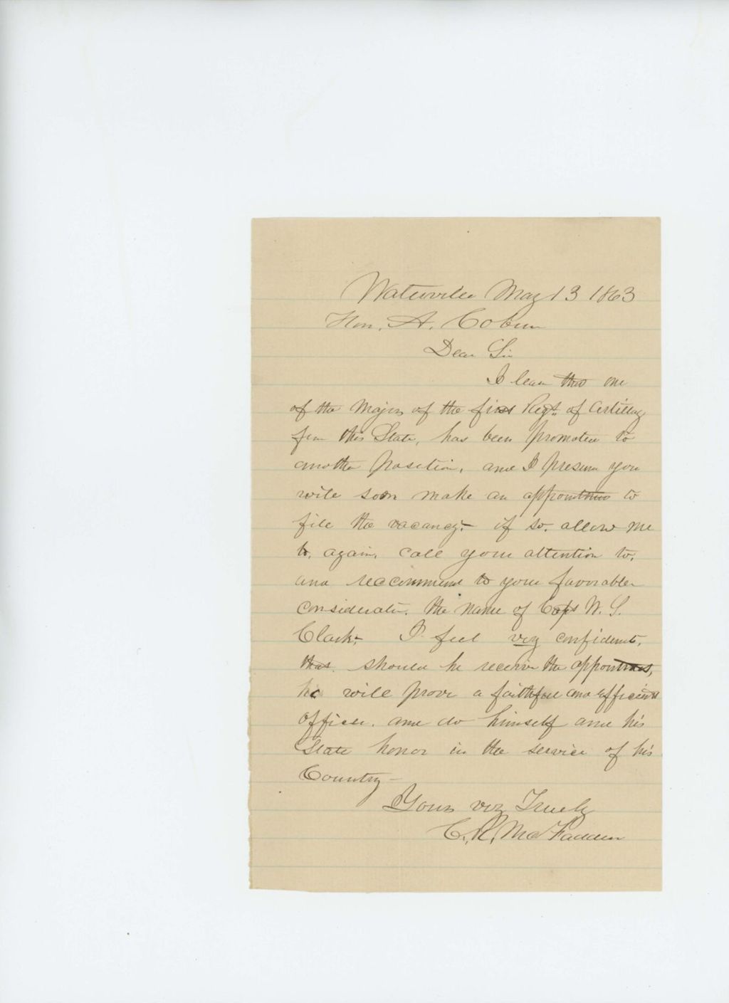 Miniature of C.R. McFadden recommends Captain W.S Clark for promotion
