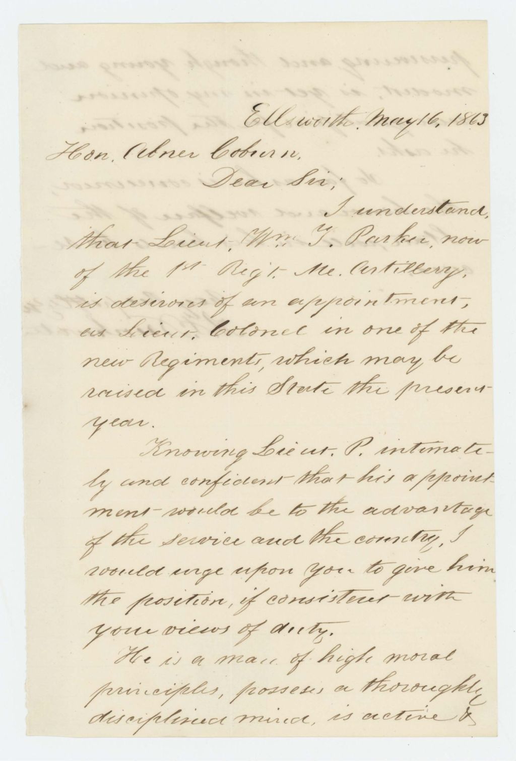 Miniature of Mr. Drinkwater recommends Lieutenant William Parker for Lieutenant Colonel in a new regiment