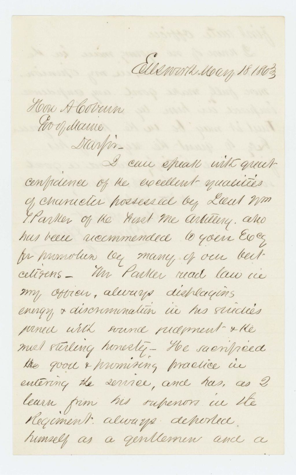 Miniature of Eugene Hale recommends William Parker for promotion