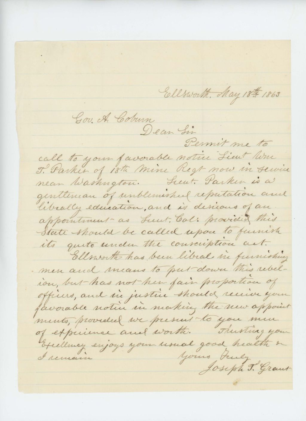 Miniature of Joseph T. Grant recommends William T. Parker for promotion