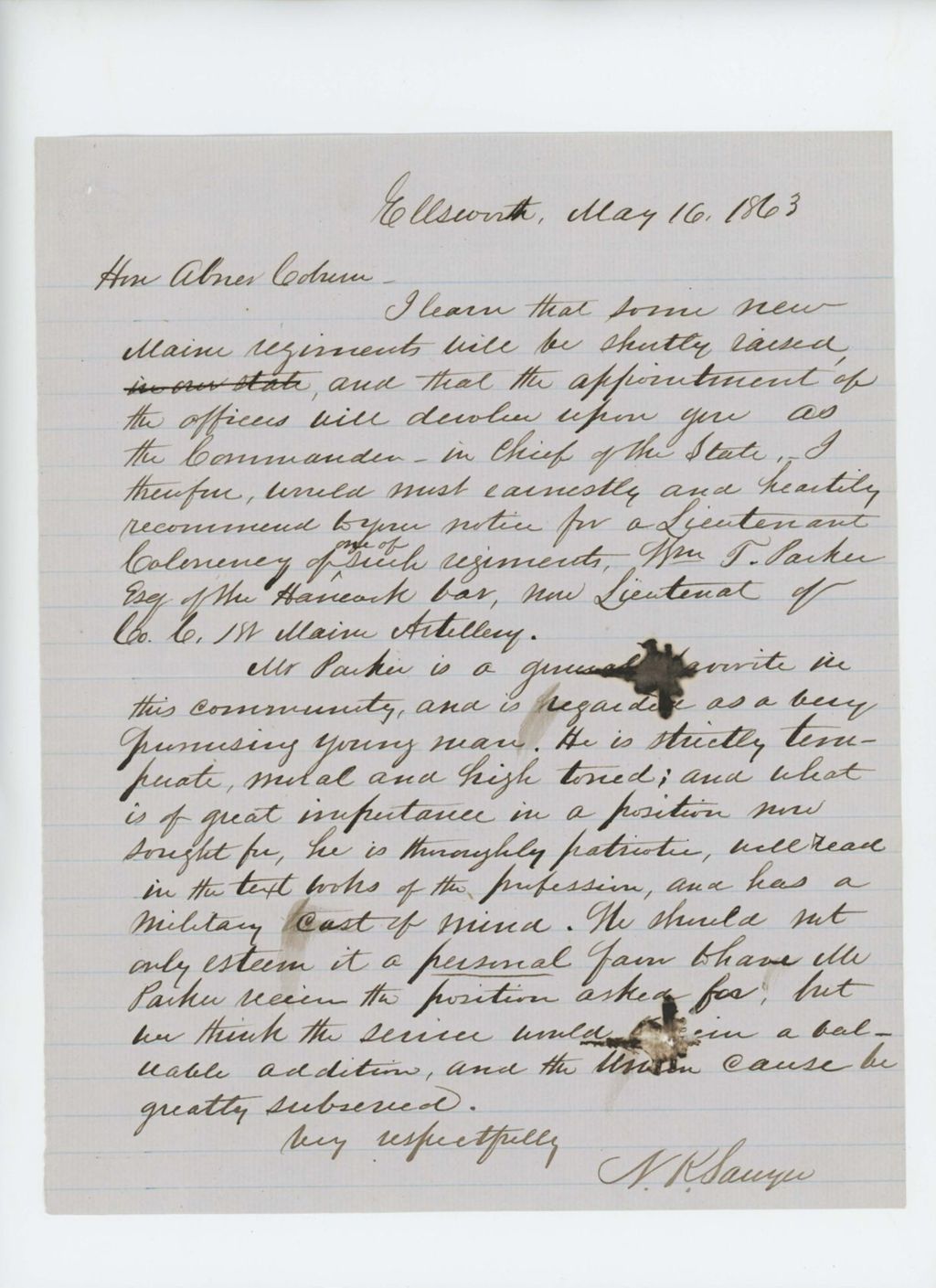 Miniature of N.K. Sawyer recommends William T. Parker for Lieutenant Colonel