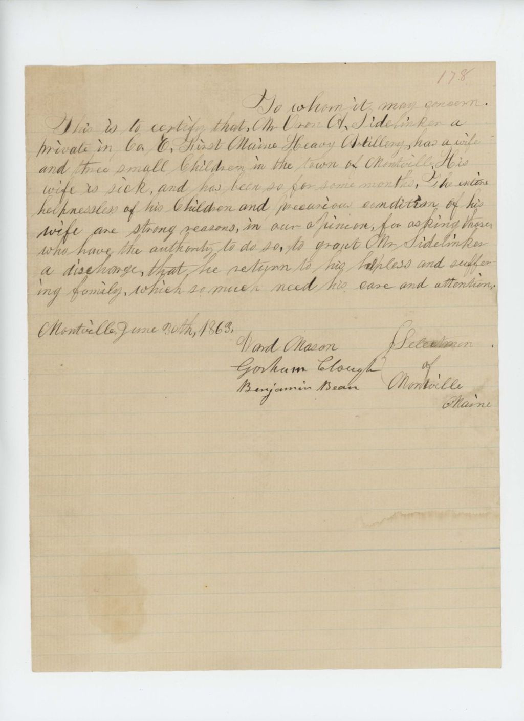 Miniature of Benjamin Bean and other selectmen of Montville request the discharge of Oren A. Sidelinger due to illness of wife