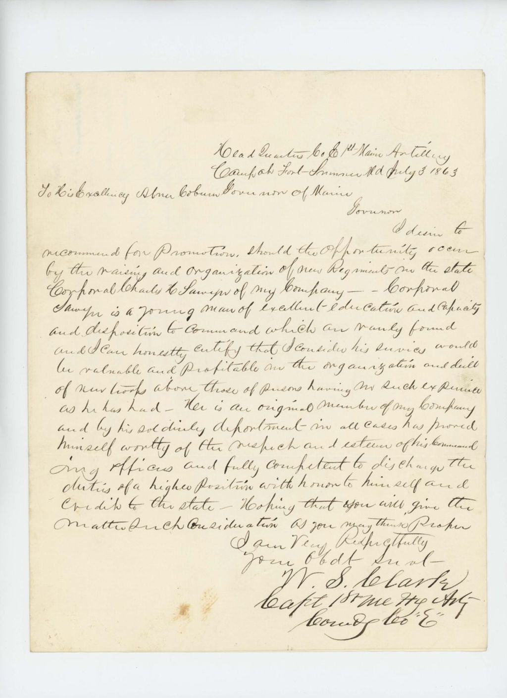 Miniature of Colonel Daniel Chaplin and Captain W.S. Clark recommend Corporal Charles Sawyer for promotion
