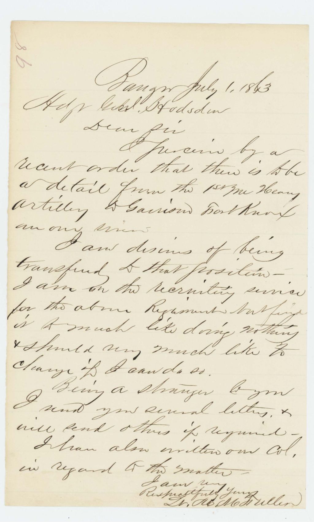 Miniature of Lieutenant M. M. Fuller requests a transfer to the garrison at Fort Knox