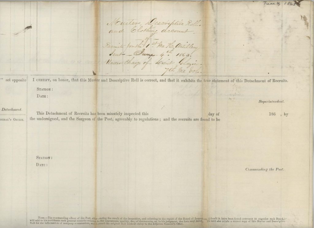 Miniature of Muster, descriptive roll, and clothing account of recruits through June 4, 1863 [not digitized]