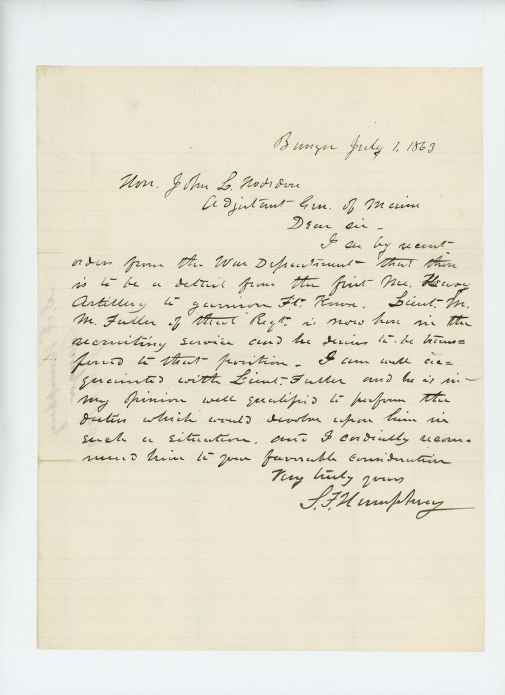 Miniature of S.F. Humphrey recommends Lieutenant M.M. Fuller for garrison at Fort Knox