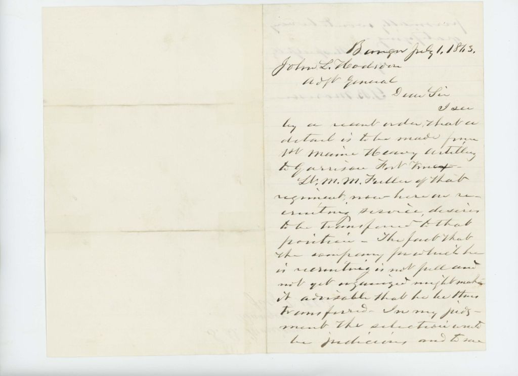 Miniature of S.B. Morison recommends Lieutenant M. M. Fuller be transferred to a garrison guarding Fort Knox
