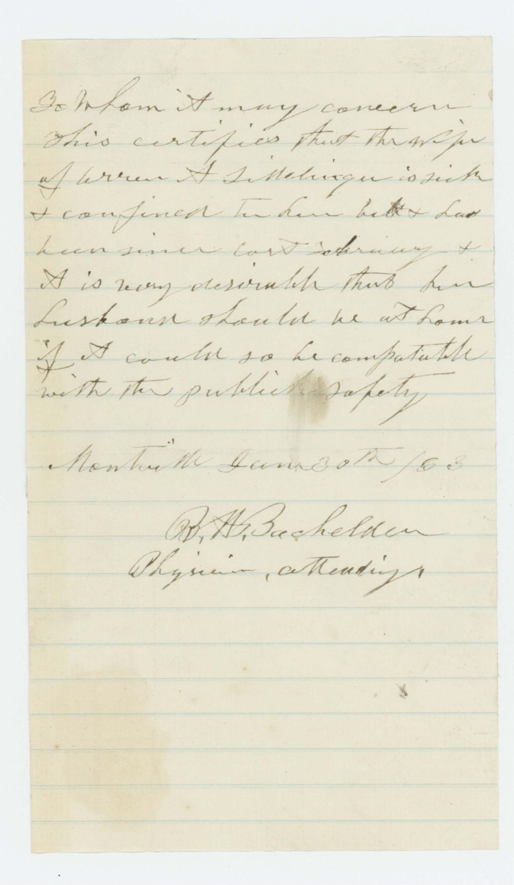 Miniature of Dr. B.H. Bachelder requests a discharge for Oren Sidelinger due to the illness of his wife