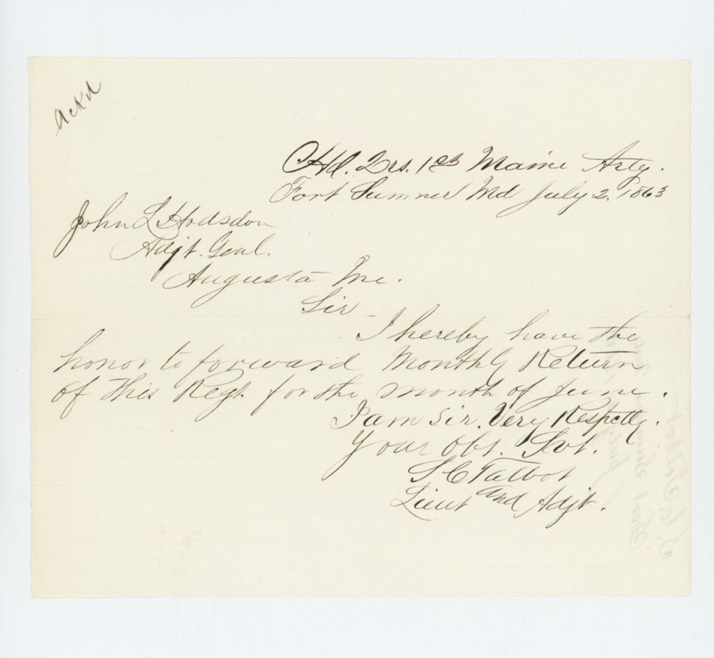 Miniature of Lieutenant and Adjutant S.C. Talbot forwards June 1863 monthly return