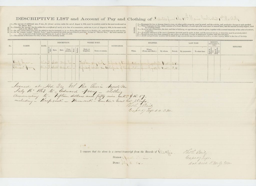 Miniature of Descriptive list of deserters Benjamin Snow and Edward Avery from the 18th Maine Regiment / 1st Maine Heavy Artillery