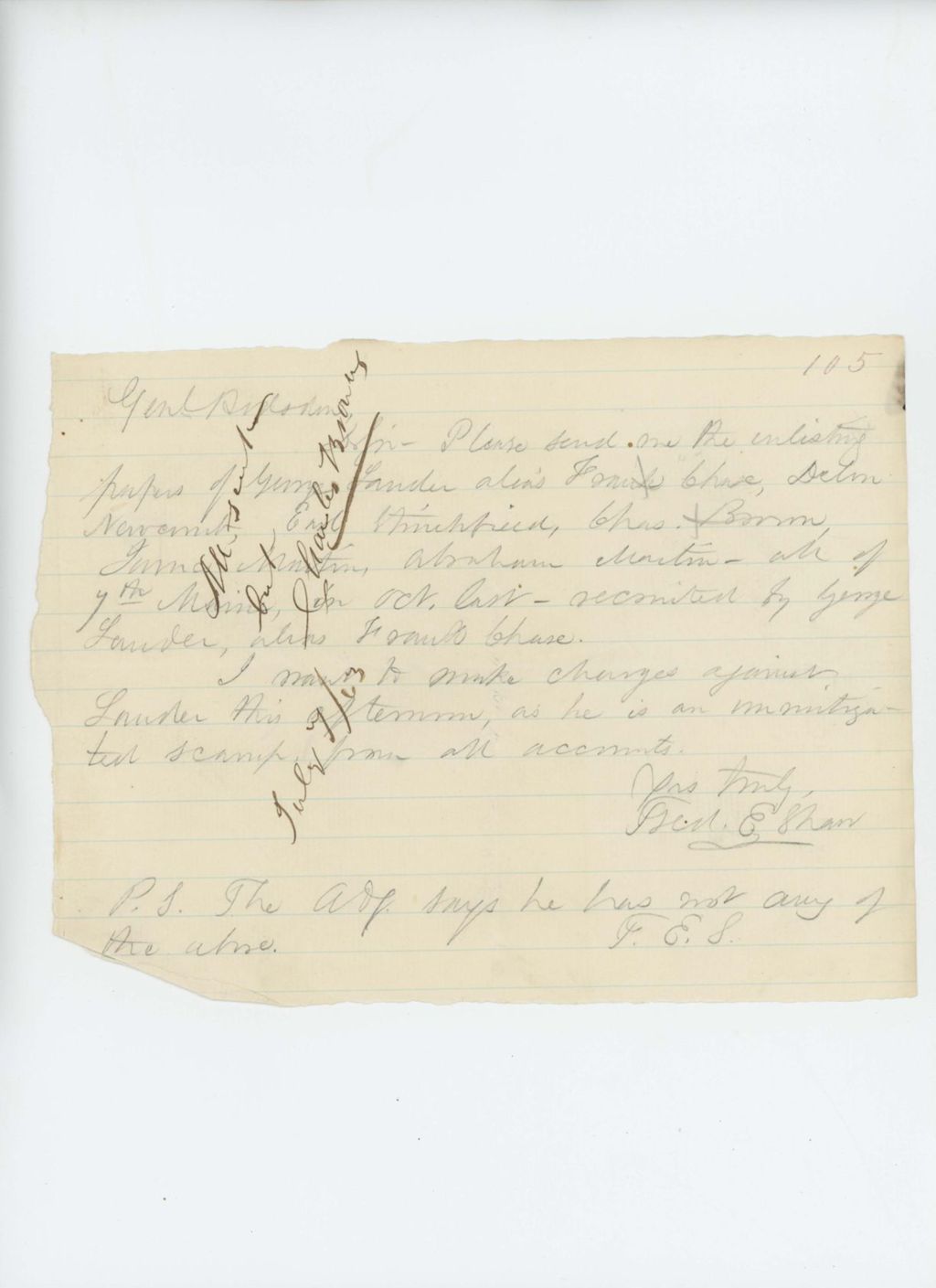 Miniature of Frederick E. Shaw requests the enlisting papers of George Lander, whom he accuses of fraud