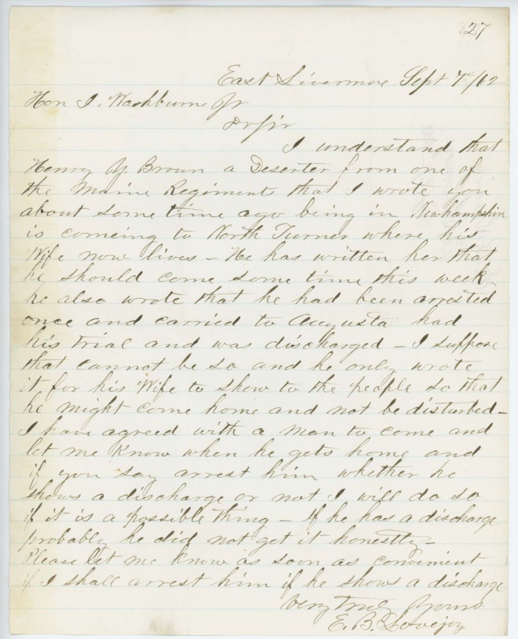 Miniature of Absent Soldiers: Correspondence from E.B. Lovejoy, September 07, 1862