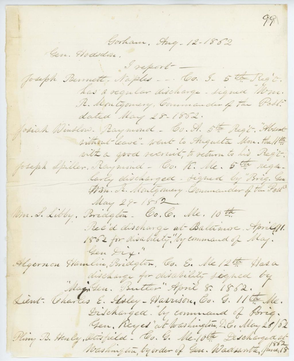 Miniature of Absent Soldiers: Correspondence from H. Cousens to General Hodsdon, August 12, 1862
