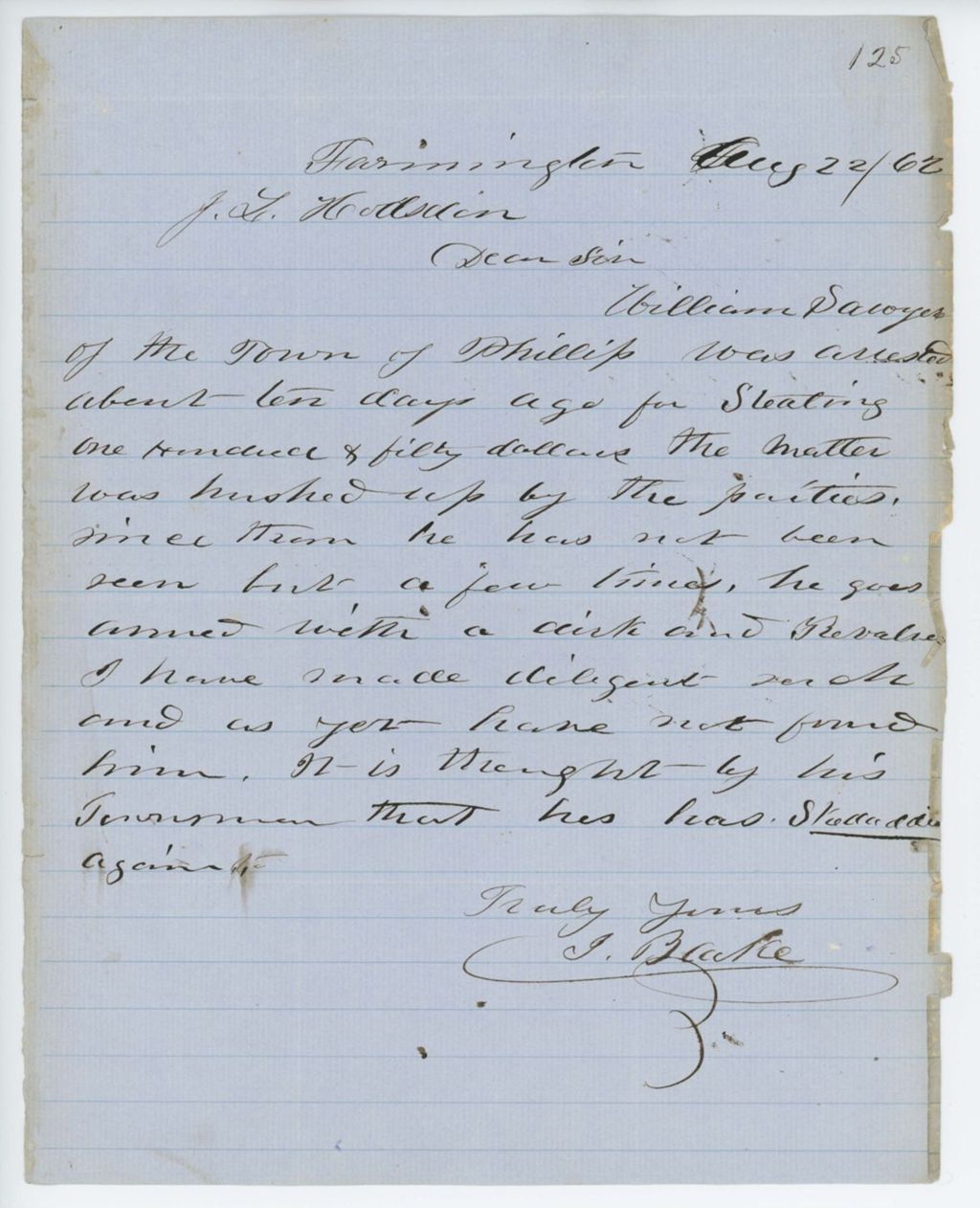 Miniature of Absent Soldiers: Correspondence from J. Blake to General Hodsdon, August 22, 1862