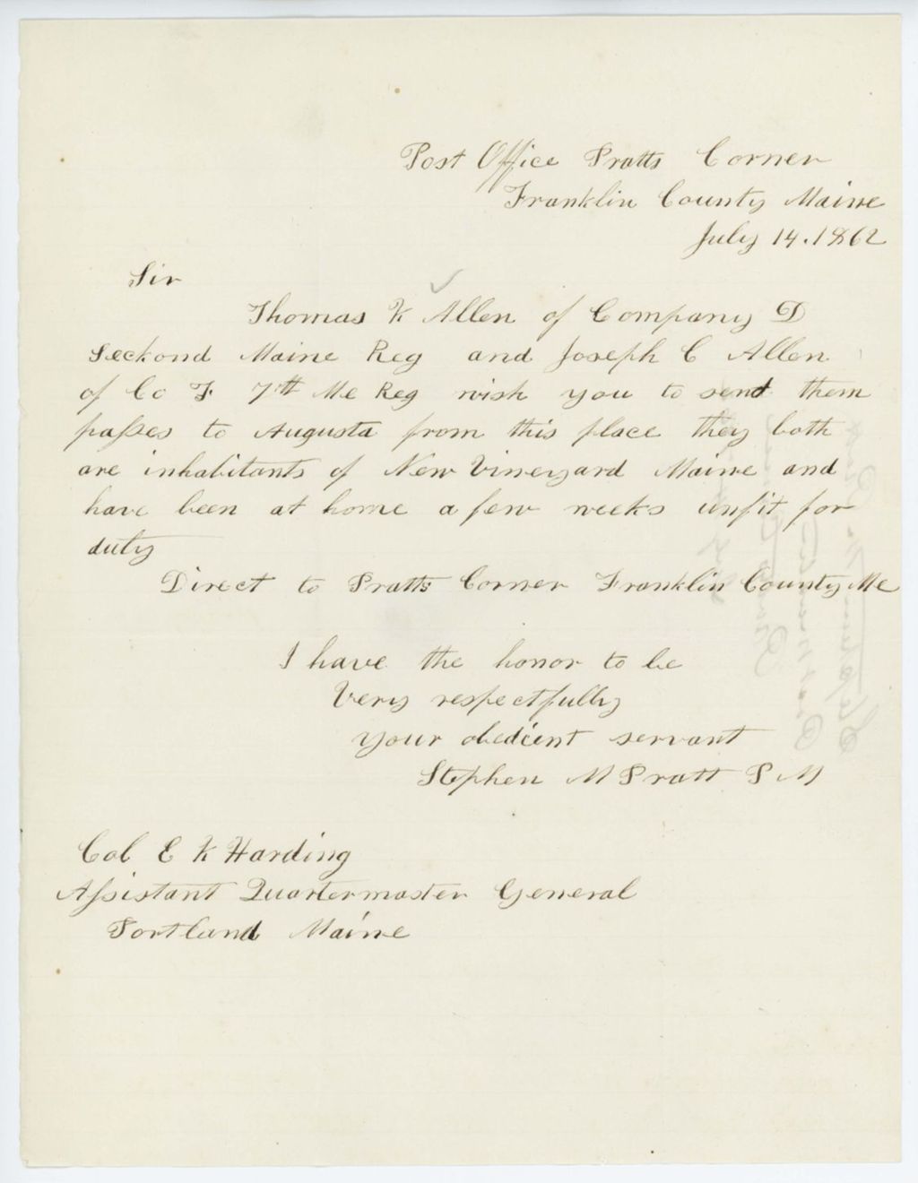Miniature of Absent Soldiers: Correspondence from S. M. Pratt, July 14, 1862
