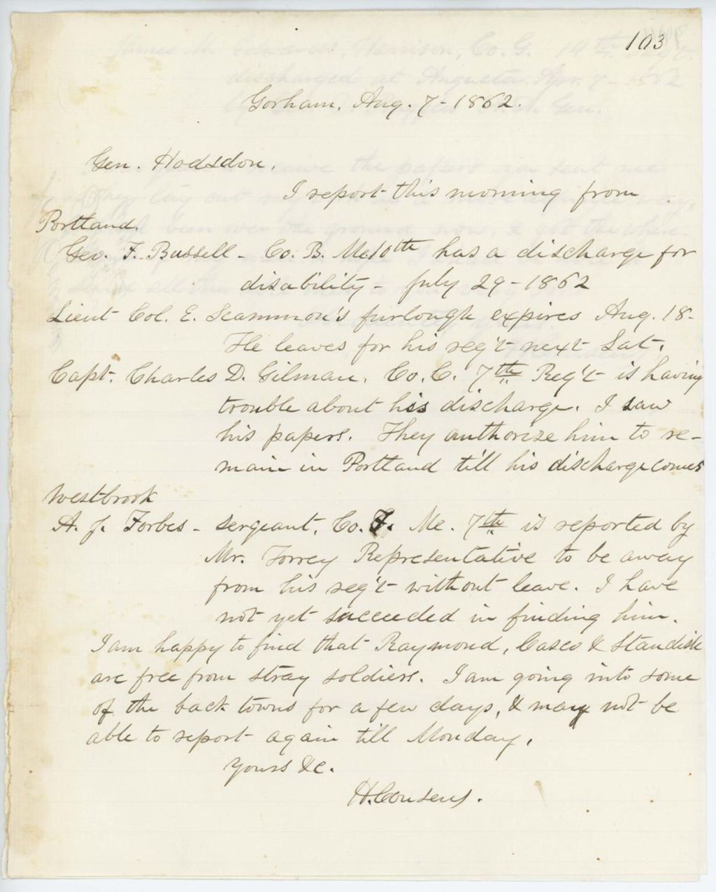 Miniature of Absent Soldiers: Correspondence from H. Cousens to General Hodsdon, August 07, 1862