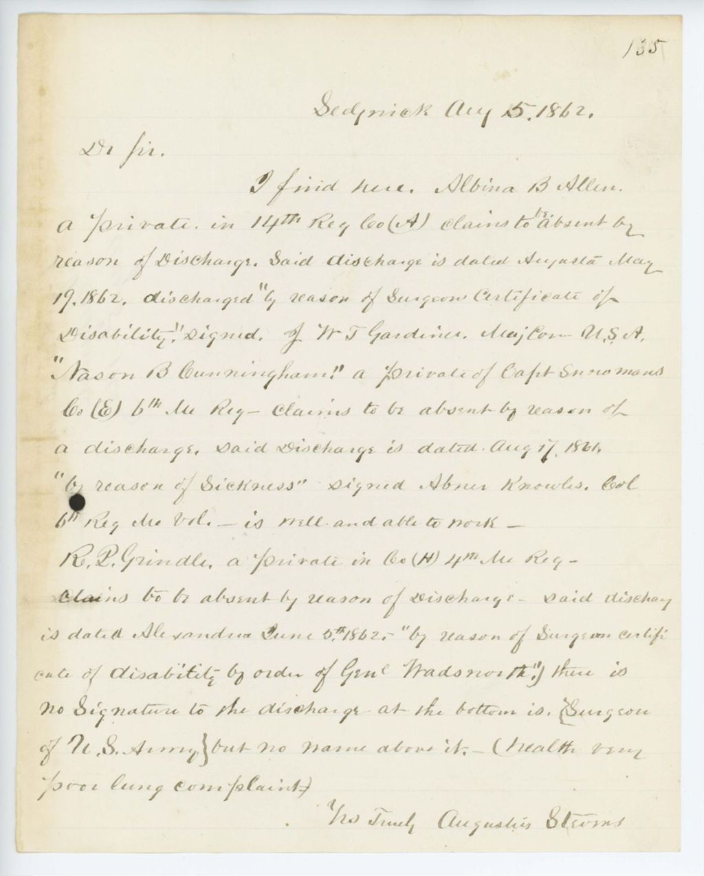 Miniature of Absent Soldiers: Correspondence from A. Stevens, August 05, 1862