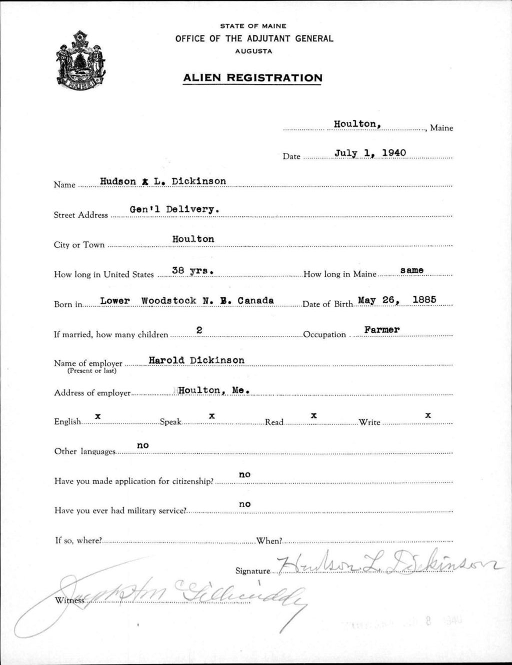 Miniature of Alien Registration- Dickinson, Hudson L. (Houlton, Aroostook County)