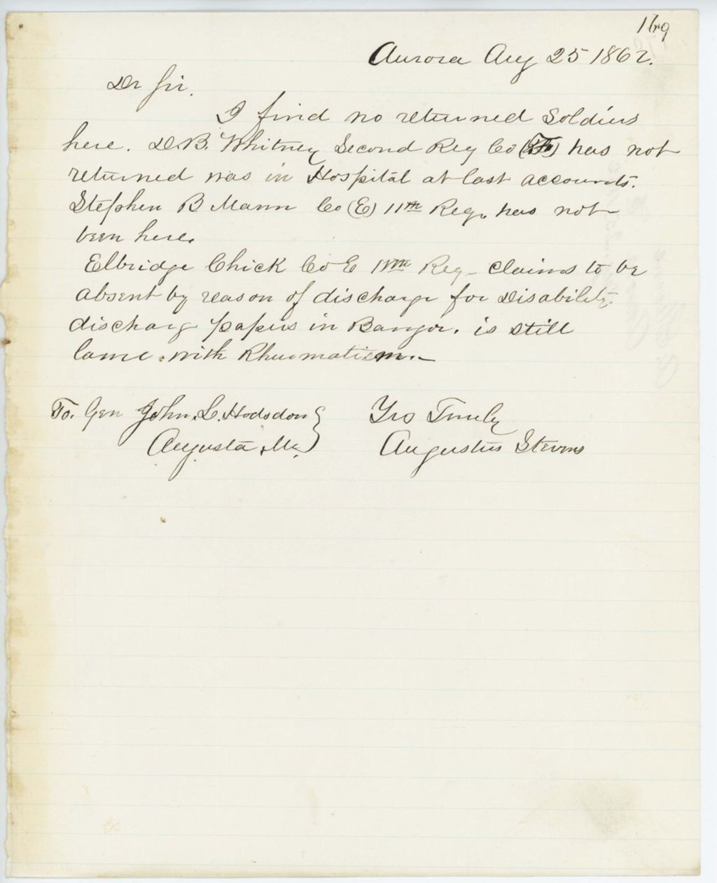 Miniature of Absent Soldiers: Correspondence to General Hodsdon from A. Stevens, August 25, 1862