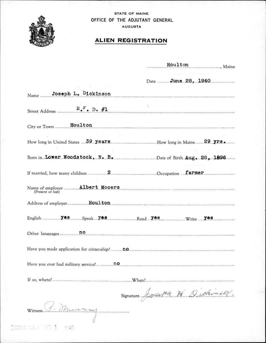 Miniature of Alien Registration- Dickinson, Joseph L. (Houlton, Aroostook County)