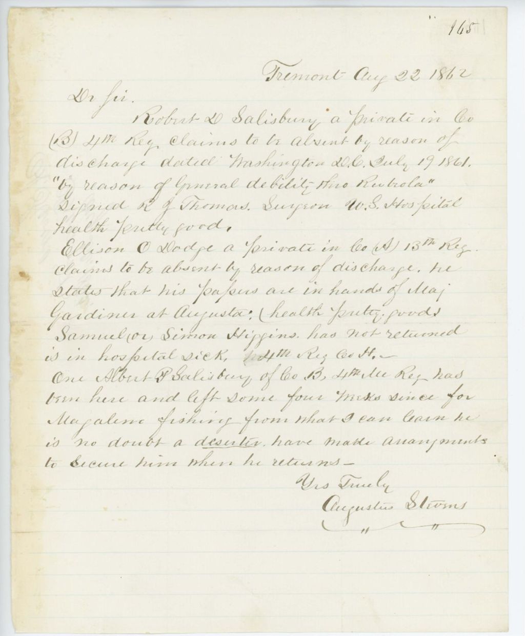 Miniature of Absent Soldiers: Correspondence from A. Stevens, August 22, 1862