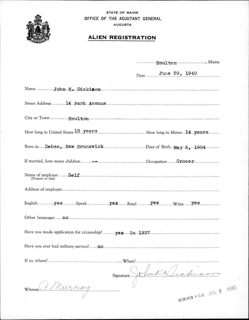Miniature of Alien Registration- Dickinson, John K. (Houlton, Aroostook County)