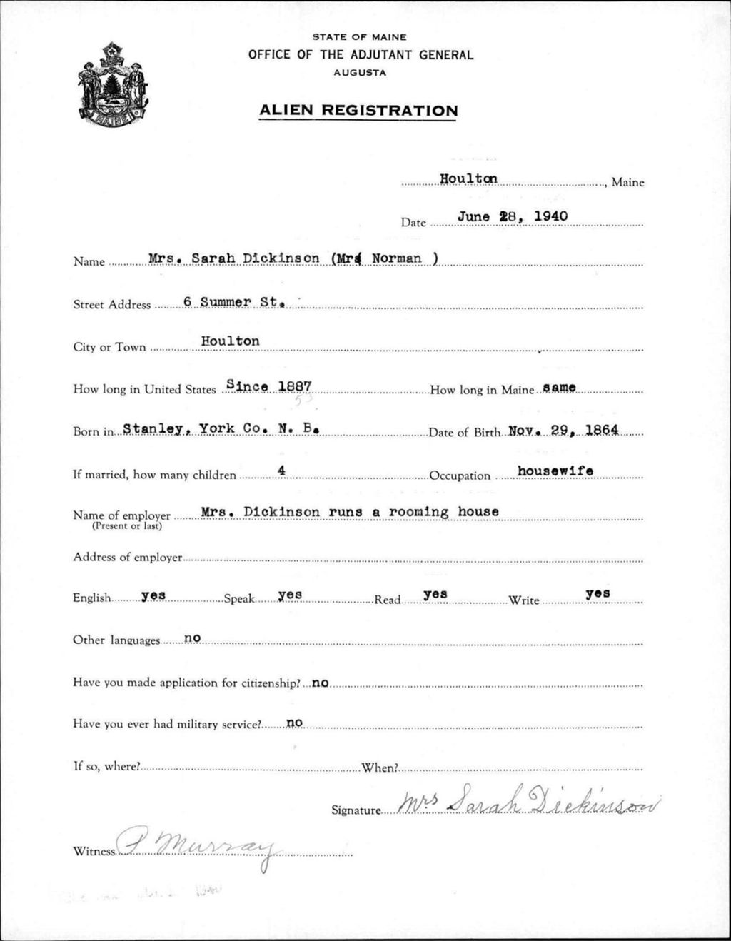 Miniature of Alien Registration- Dickinson, Sarah (Houlton, Aroostook County)