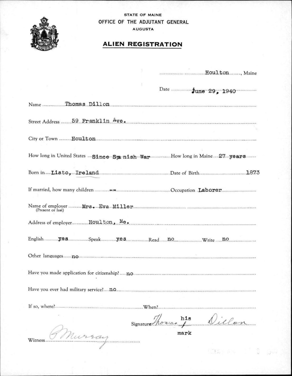 Miniature of Alien Registration- Dillon, Thomas (Houlton, Aroostook County)