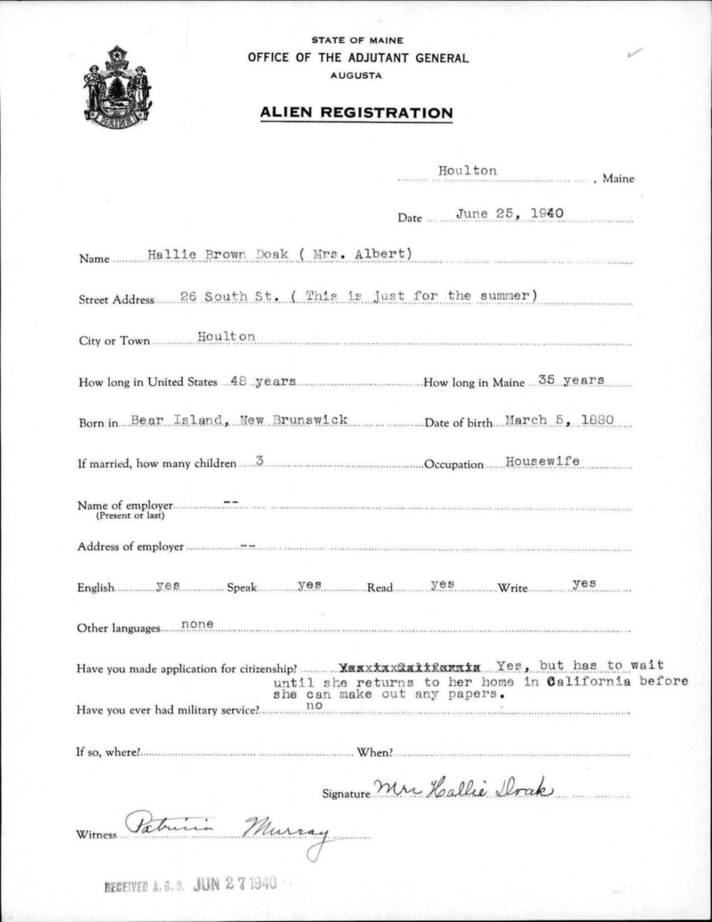 Miniature of Alien Registration- Brown, Hallie (Houlton, Aroostook County)
