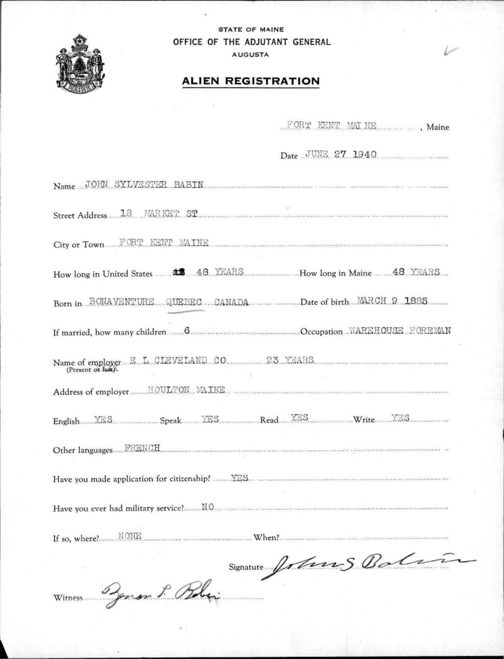 Miniature of Alien Registration- Babin, John S. (Fort Kent, Aroostook County)