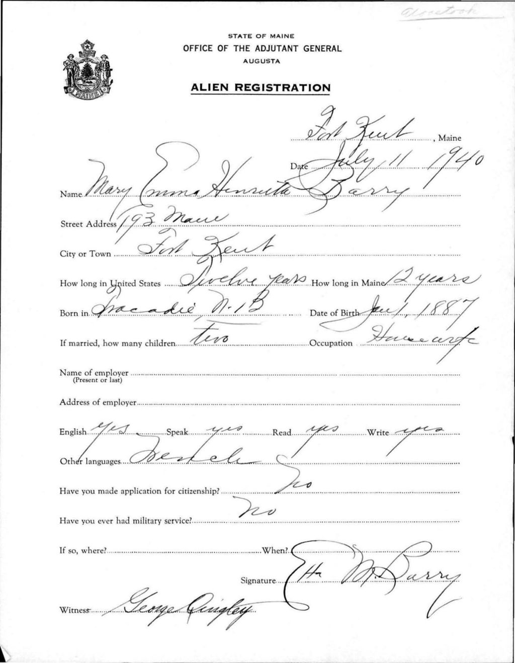 Miniature of Alien Registration- Barry, Mary Emma H. (Fort Kent, Aroostook County)
