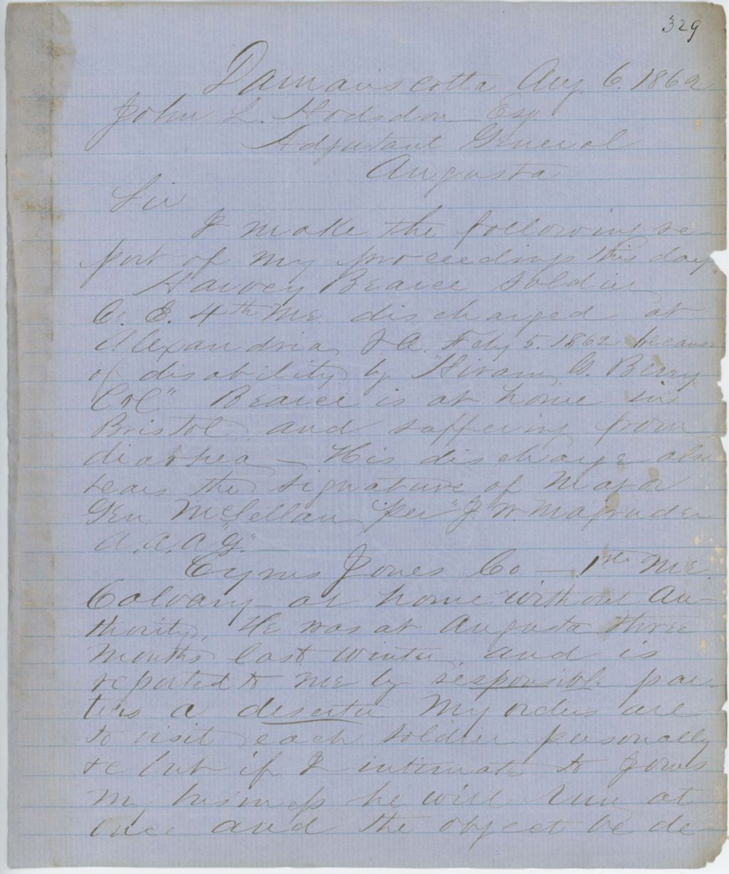 Miniature of Absent Soldiers: Correspondence from H. Metcalf to General Hodsdon