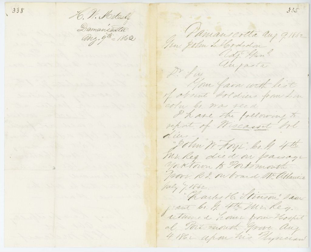 Miniature of Absent Soldiers: Correspondence from H. Metcalf to General Hodsdon