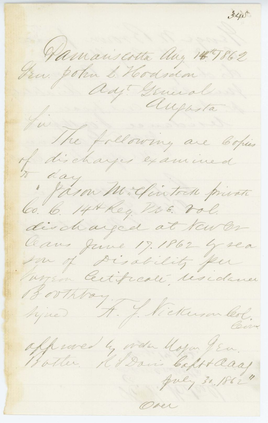 Miniature of Absent Soldiers: Correspondence from H. Metcalf to General Hodsdon