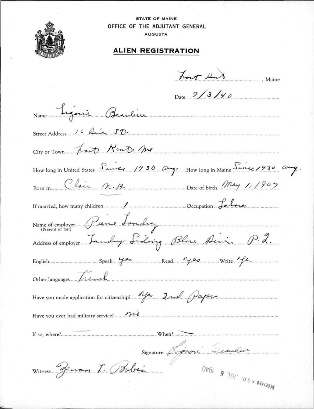 Miniature of Alien Registration- Beaulieu, Ligorie (Fort Kent, Aroostook County)